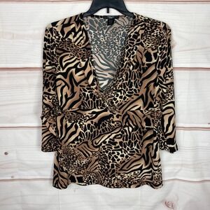 CDP & Co Top Womens 1X Black Brown Animal Print Blouse V-Neck 3/4 Sleeve Knit